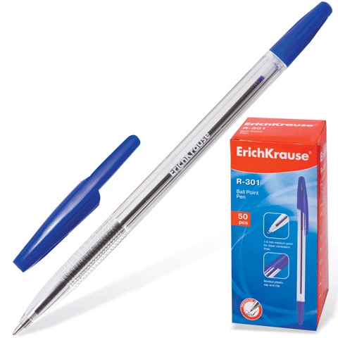 Ручка шариковая ERICH KRAUSE "R-301", корпус прозрачный, толщ. письма 1мм, 43184, синяя