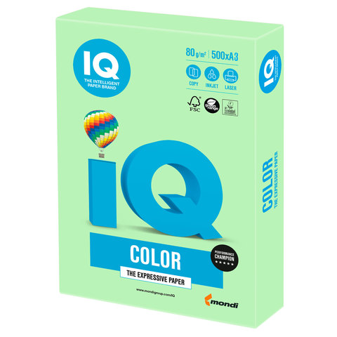 Бумага IQ (АйКью) color, А3, 80 г/м2, 500 л.,  пастель,  зеленая, MG28