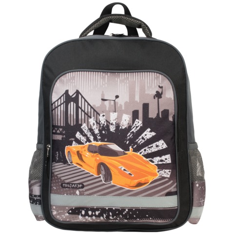 Рюкзак ПИФАГОР для нач.школы, мальч., сер/черный, Оранжевая машина, 38*30*14 см,